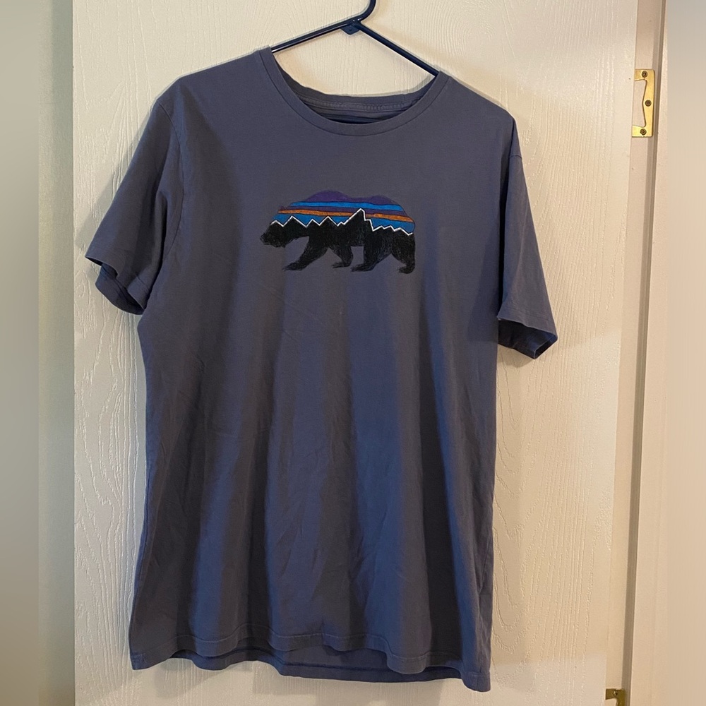 PATAGONIA Fitz Roy Bear T Shirt Organic Cotton Blue Size XL Slim Fit